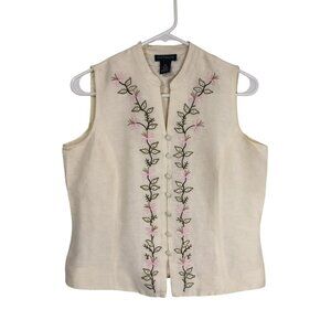 Ann Taylor Embroidered Floral Linen Silk Sleeveless Blouse Size 10 Womens